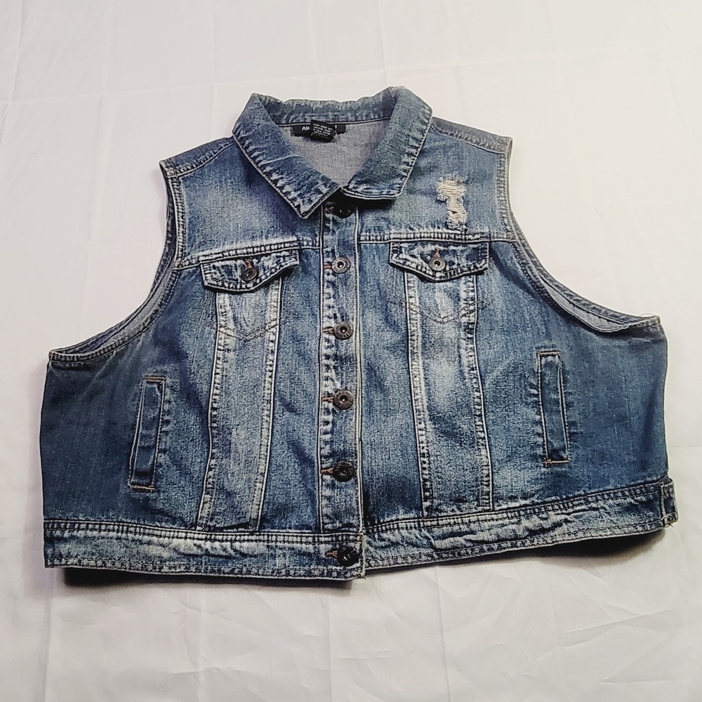 Ashley Stewart Womens Distressed Denim Vest 18/20 Blue Jean Sleeveless Jacket K4